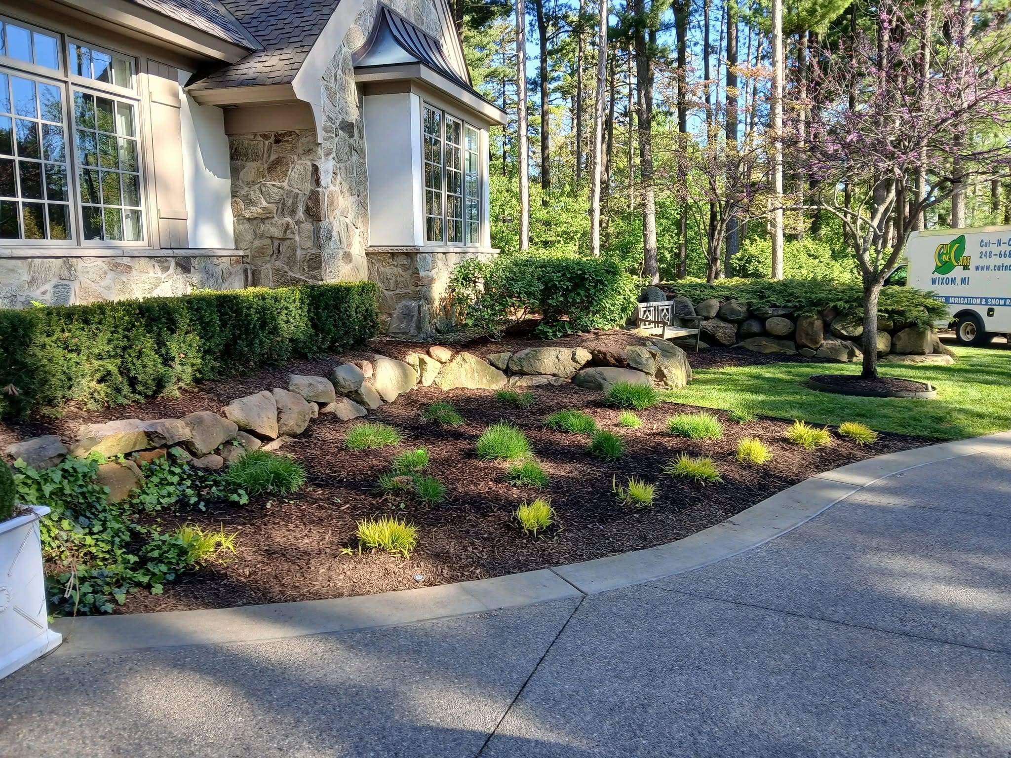 Neat garden with trimmed hedges