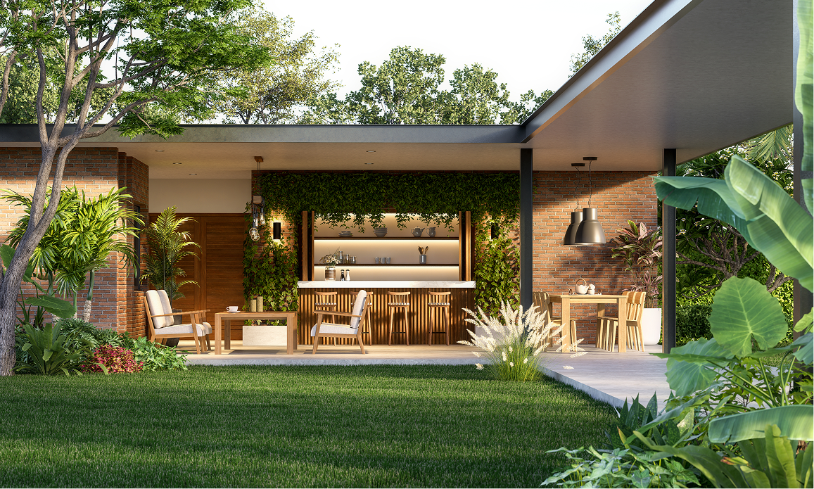 Modern outdoor patio with lush greenery